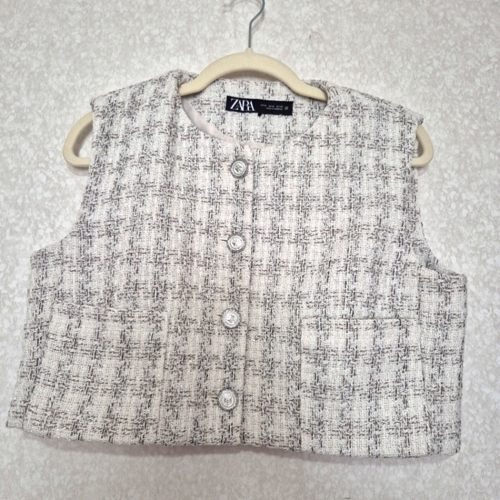 Zara Tweed Sleeveless Vest White-silver...size:M